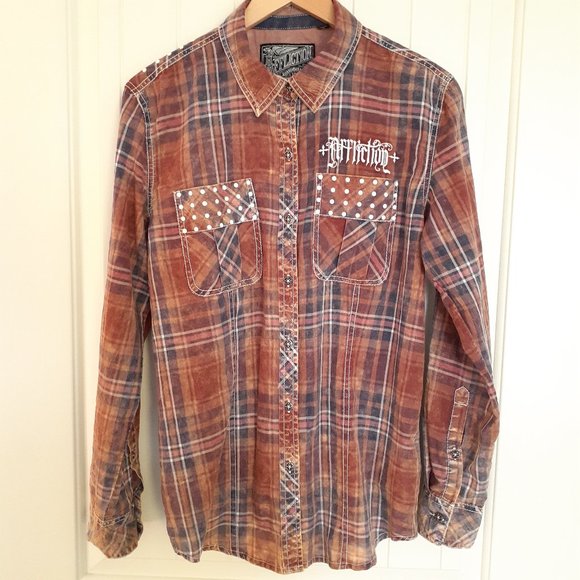 NWT Affliction Eagle Rock Long Sleeve Corset Back Shirt Brown Size M - Picture 1 of 13